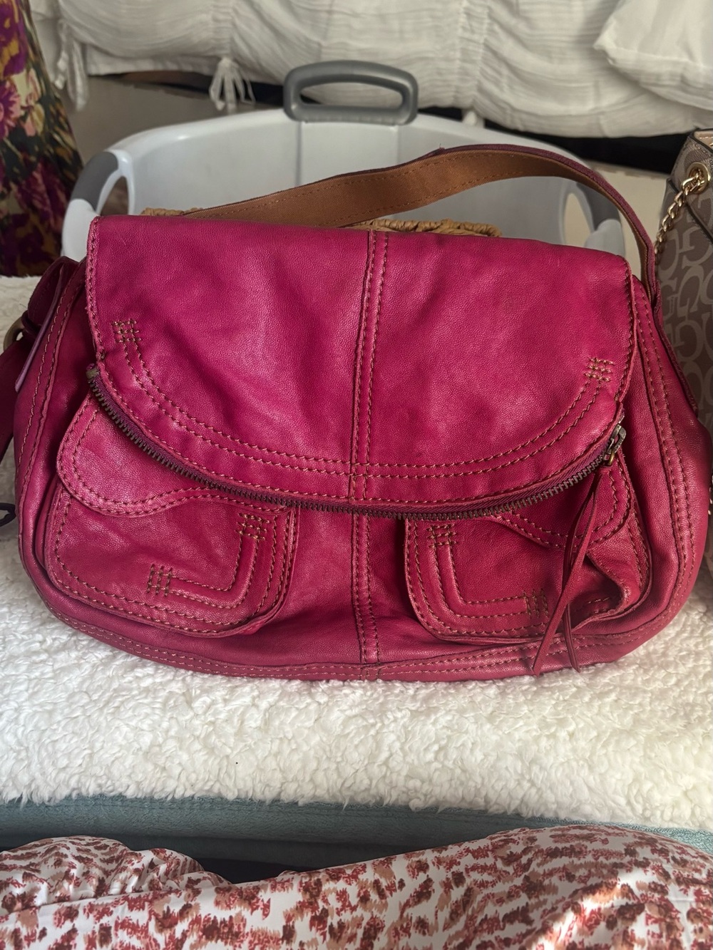 Lucky Brand Italian Leather Fuchsia Leather Shoulder Bag with Front Pockets